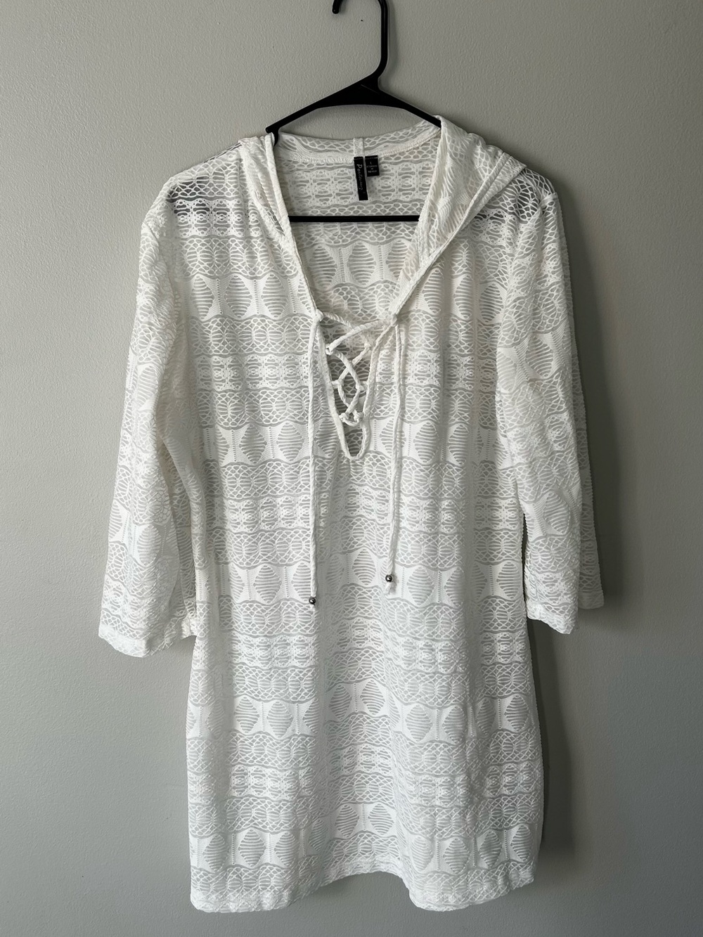White Lace Hooded Swim Cover-Up Tunic with Lace-Up V-Neck